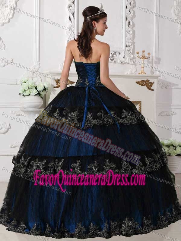 Taffeta and Tulle Blue Strapless Floor-length Quinces Dresses with Appliques