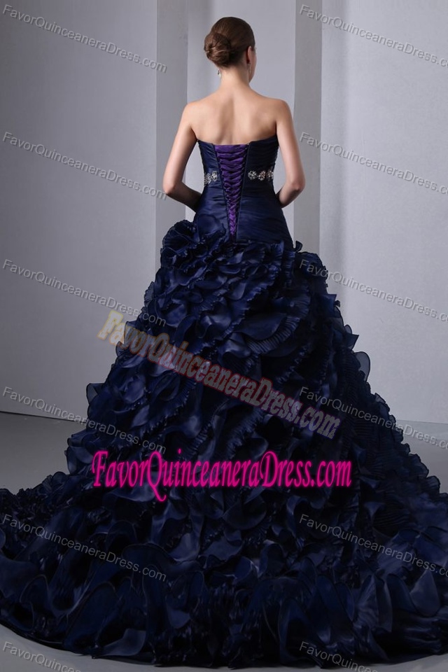 Beaded Ruched Navy Blue Taffeta and Organza Quince Dresses with Brush Train