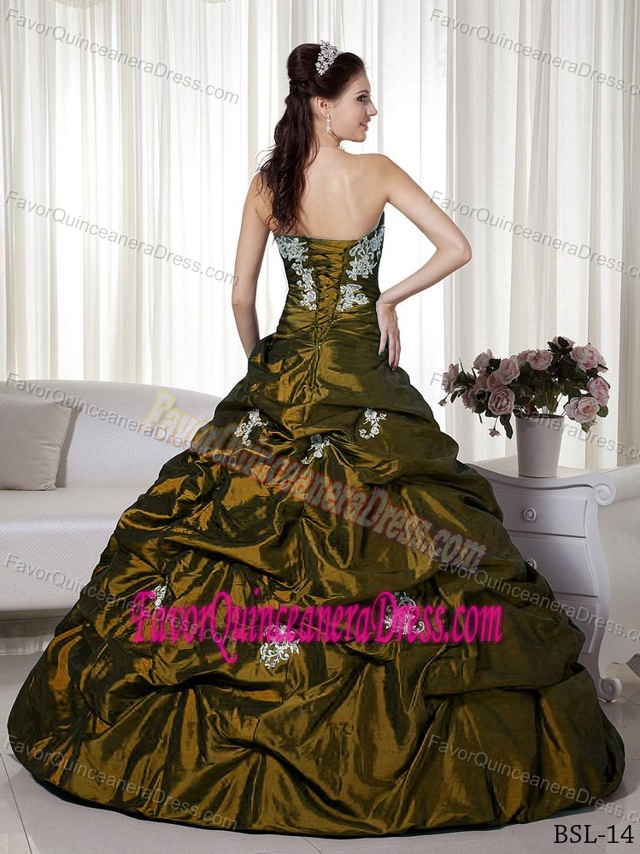 Strapless Taffeta Appliques Quince Dresses in Olive Green with Pick-ups