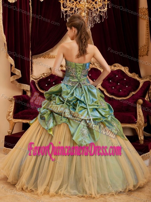 Taffeta and Tulle Olive Green Strapless Beading Quince Dress for Dance