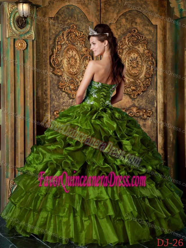 Strapless Organza Prom Quinceanera Dresses with Ruffles in Olive Green