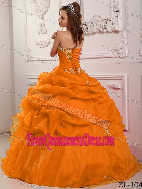 Orange Ball Gown Strapless Organza Beaded Ruffled Quinceanera Dresses