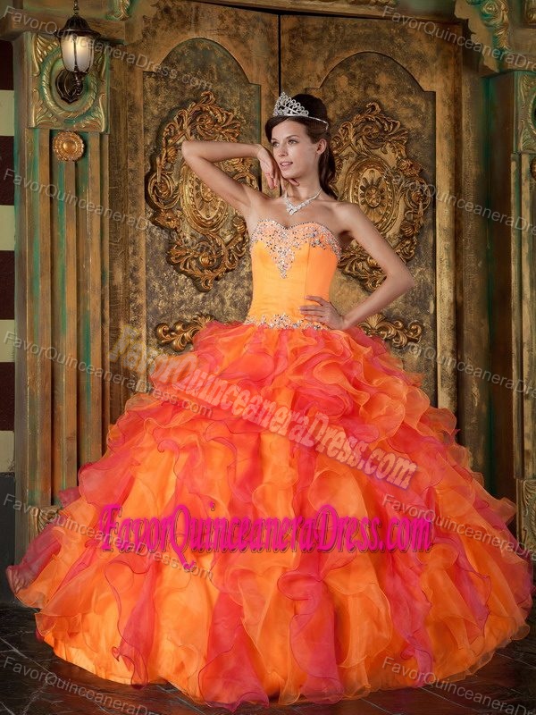 Orange and Hot Pink Sweetheart Beaded Quinceanera Dresses with Ruffles