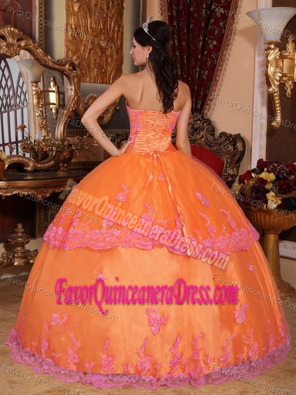 Luxurious Orange Ball Gown 2014 Quinceanera Dress with Lace Appliques