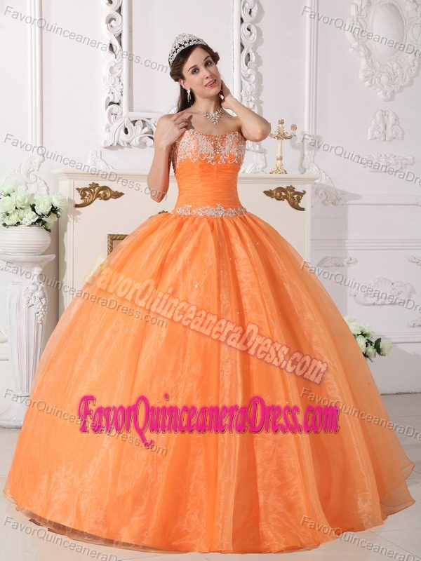 Orange Ball Gown Strapless Quinceanera Dress with Appliques and Beading