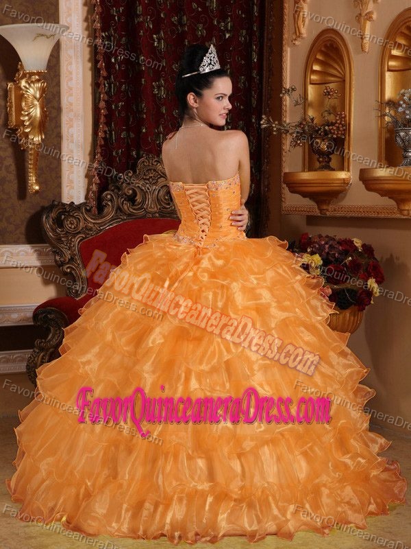 Special Beaded Ruffled Organza Orange Quinceaneras Dress Floor-length