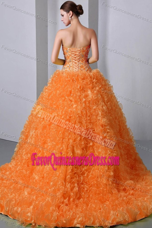 Best Seller Brush Train Beaded Orange Sweet 15 Dress with Rolling Flowers