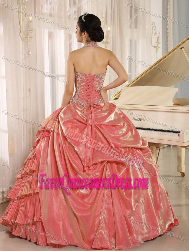 Unique Halter Beaded Tiered Watermelon Quinceanera Gown Fast Shipping