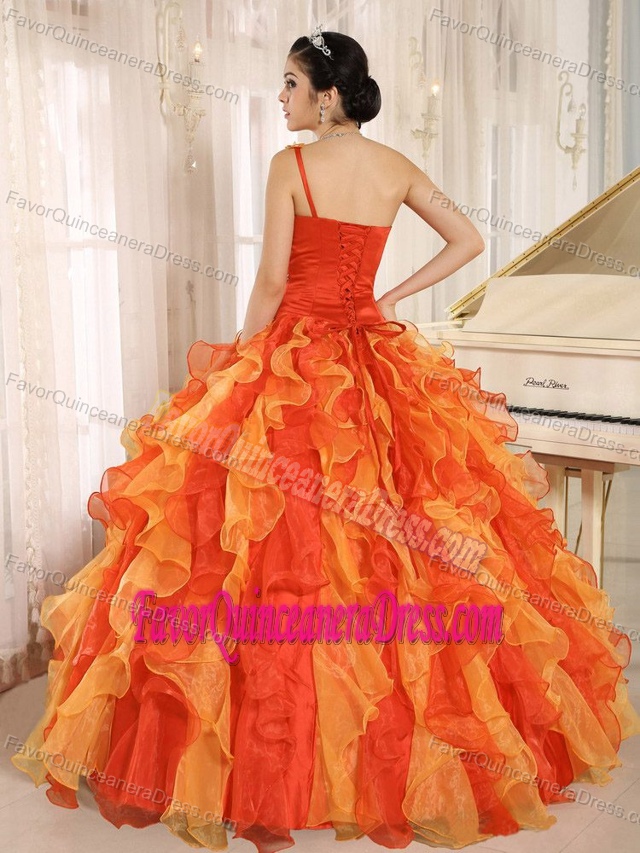 Best Orange One Shoulder Beaded Ruffled Quinceanera Dress in Organza