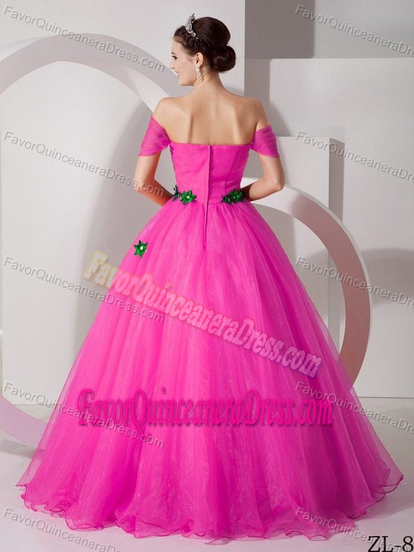 Modest Hot Pink off the Shoulder Quinceanera Dresses with Green Appliques