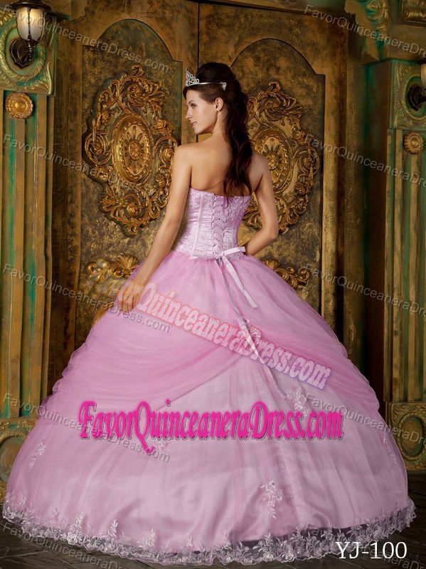 2014 Pink Ball Gown Strapless Quinceanera Dress with Flowers and Appliques