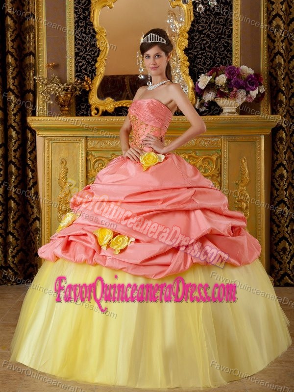 Watermelon and Yellow Ball Gown Strapless Quinceanera Dress with Flowers