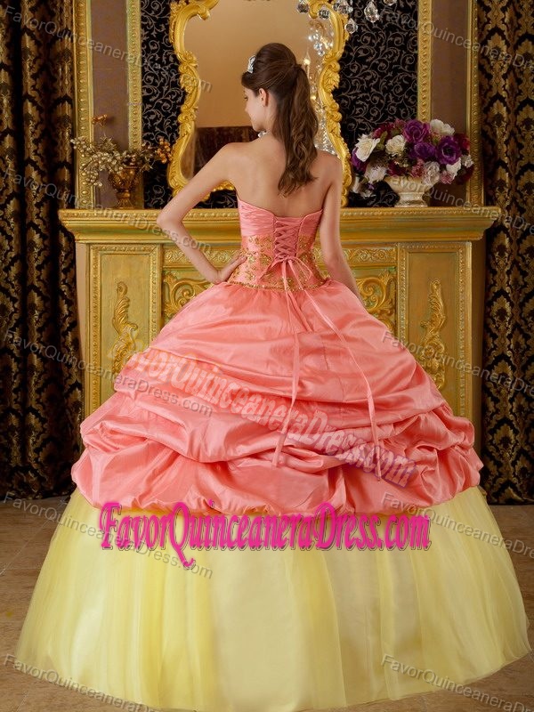 Watermelon and Yellow Ball Gown Strapless Quinceanera Dress with Flowers