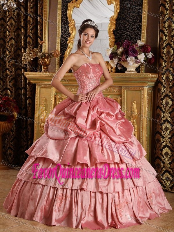 Ball Gown Strapless Taffeta Quinceanera Dresses with Beading and Pick-ups