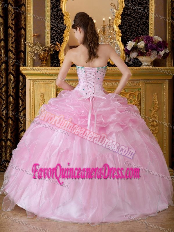 Beautiful Organza Ruffled Beaded Quinceanera Gown Dresses in Pink