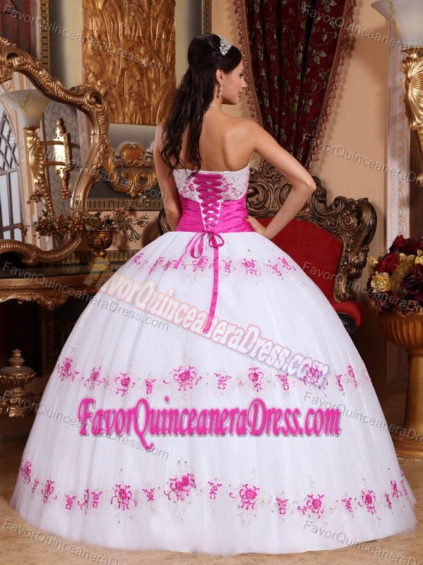 Strapless Taffeta and Tulle Appliqued Quince Dress in White and Pink