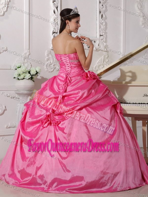 Hot Pink Taffeta Hand Made Flowers Quinceanera Gown with Beading