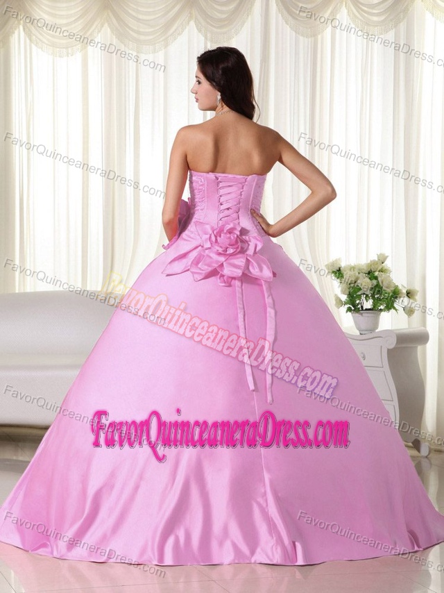 Popular Pink Taffeta Beaded Quinceanera Dress with Hand Made Flowers