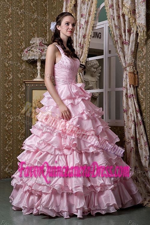 One Shoulder Satin Ruffled Baby Pink Quinceanea Dress with Beading