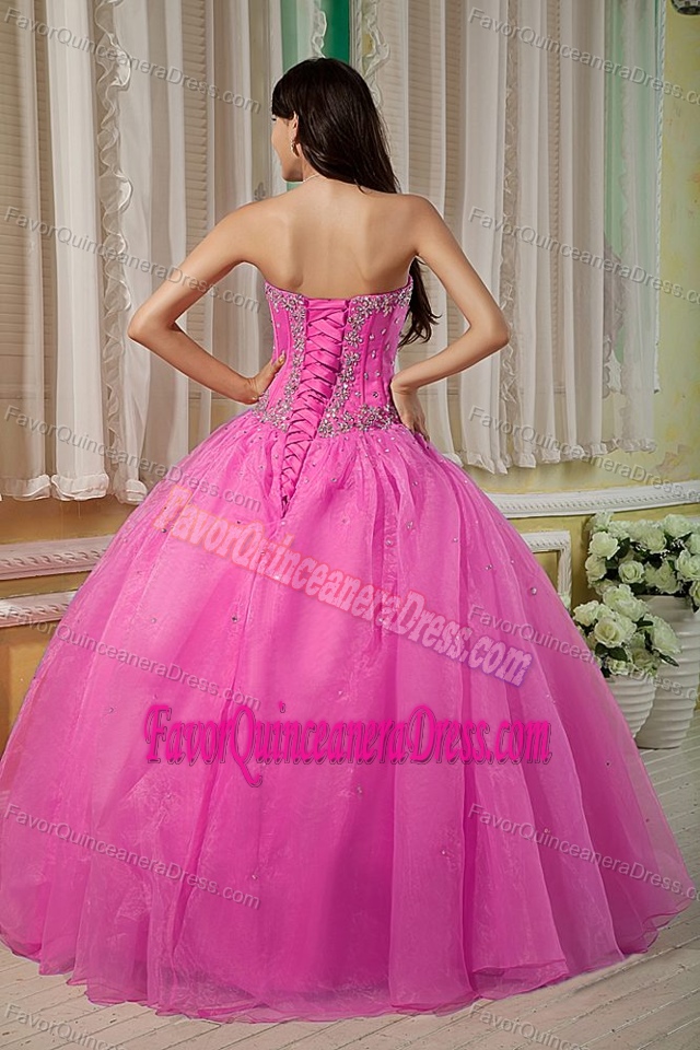 Dazzling Rose Pink Organza Quinceanera Gown Dresses with Beading