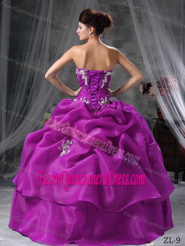 Special Style Appliqued Organza Fuchsia Quinces Dresses with Pick-ups