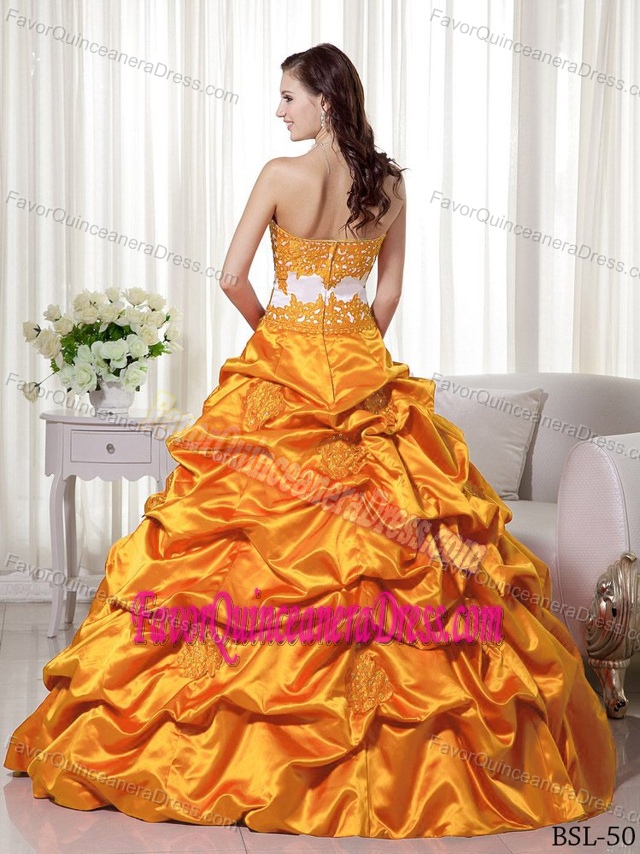 Special Appliqued Orange Taffeta Quince Dresses with Pick-ups Online