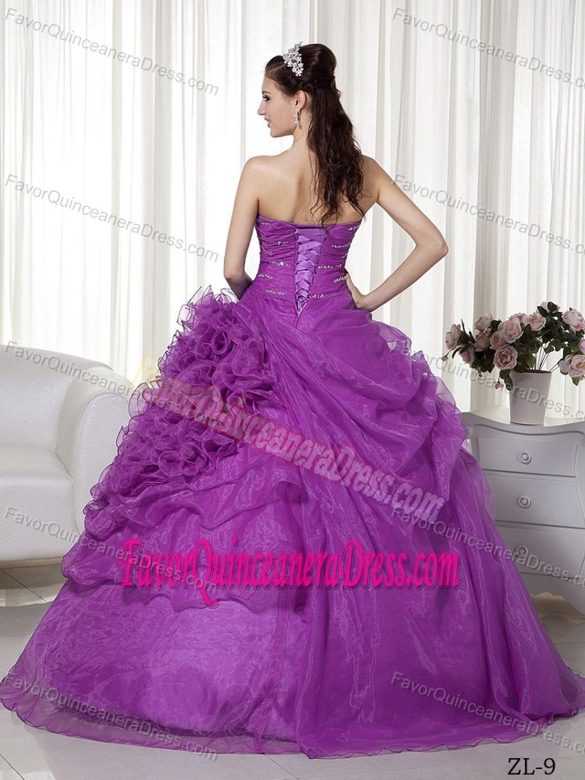 Pretty 2013 Organza Beaded Fuchsia Quinceanera Gown with Rolling Flowers