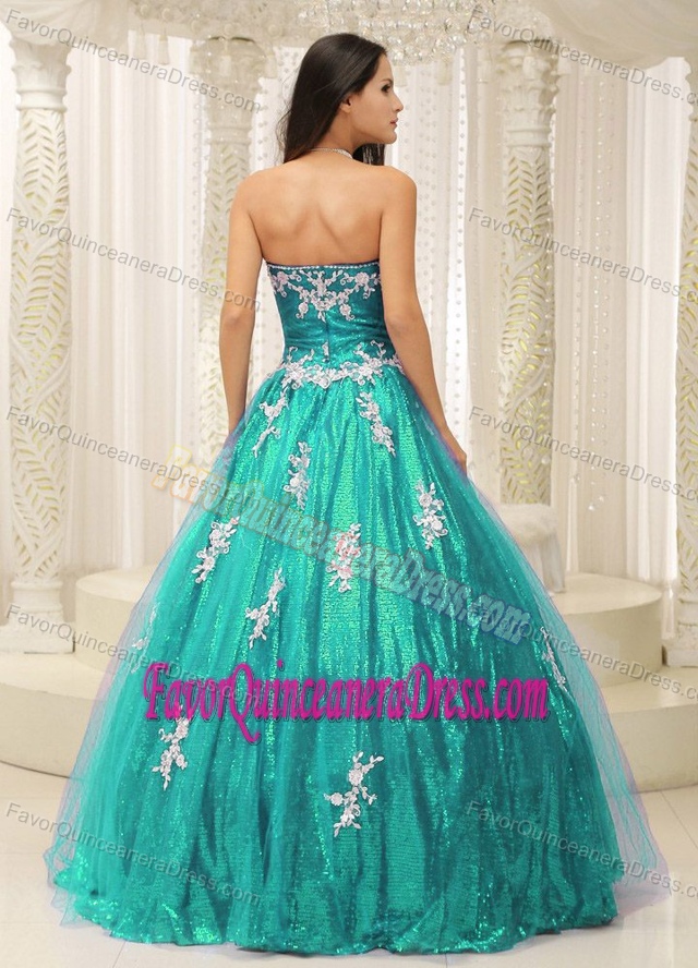 Stylish Appliqued Strapless Turquoise Quinceanera Gown Dress in Sequin