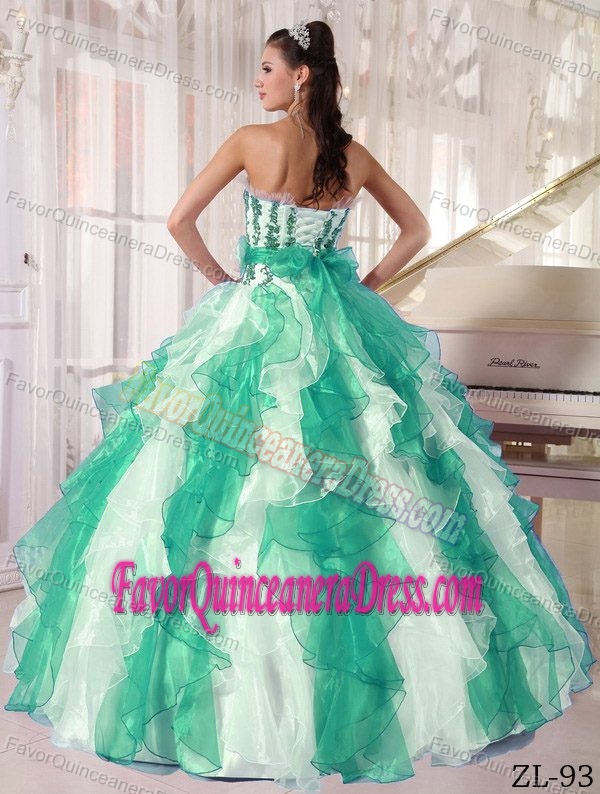 Exclusive Appliqued Ruffled Organza Quince Dress in White and Apple Green