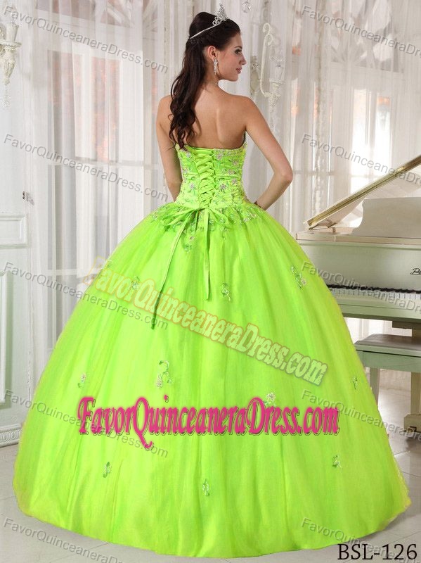 Customized Appliqued Spring Green Quinceanera Gowns in Taffeta and Tulle