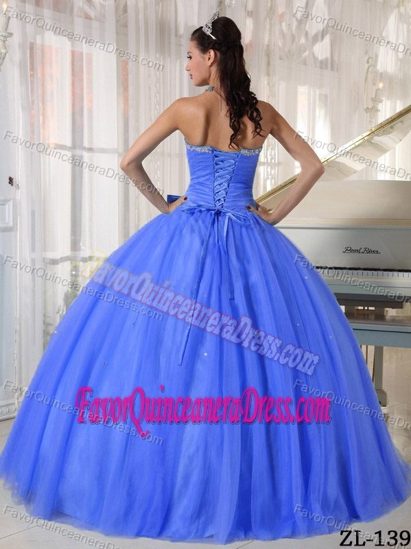 Sweet Sky Blue Ball Gown Beaded Quinces Dress in Taffeta Tulle with Bow
