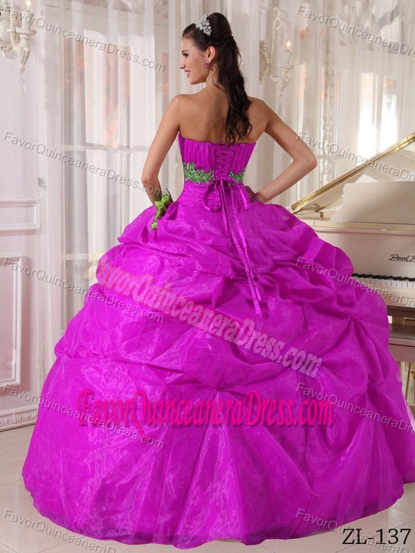 Good Quality Appliqued Fuchsia Organza Dress for Quince Ball Gown