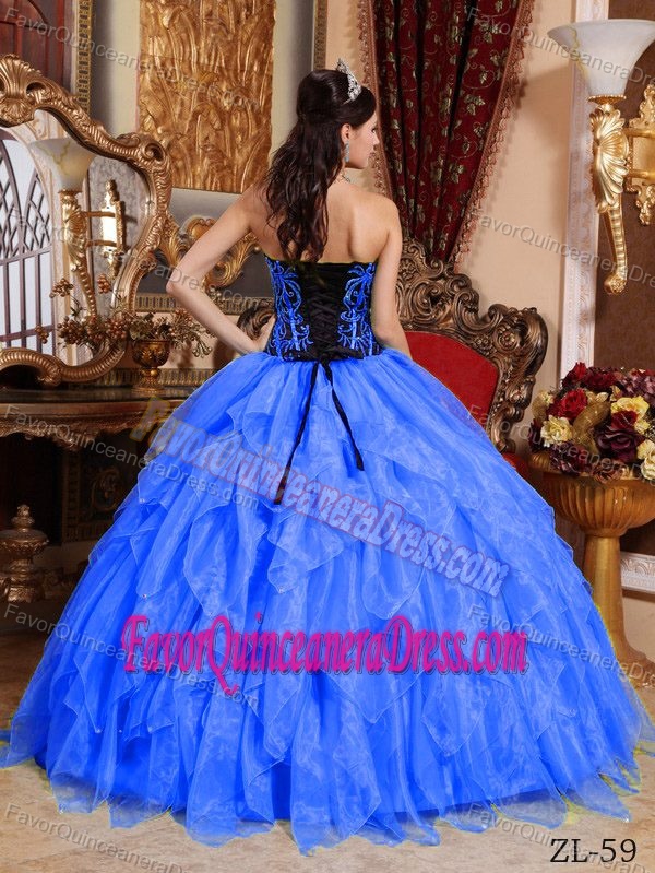 Newest Corset Back Ruffled Blue and Black Sweet 15 Dresses in Organa