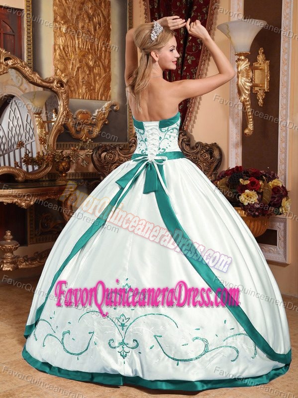 Ball Gown Strapless Floor-length Satin Embroidery Dress for Quince in White