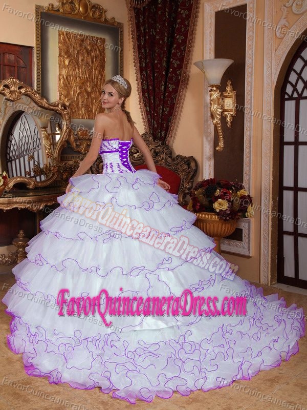 Appliqued White Strapless Detachable Train Quinceanera Gown in Organza