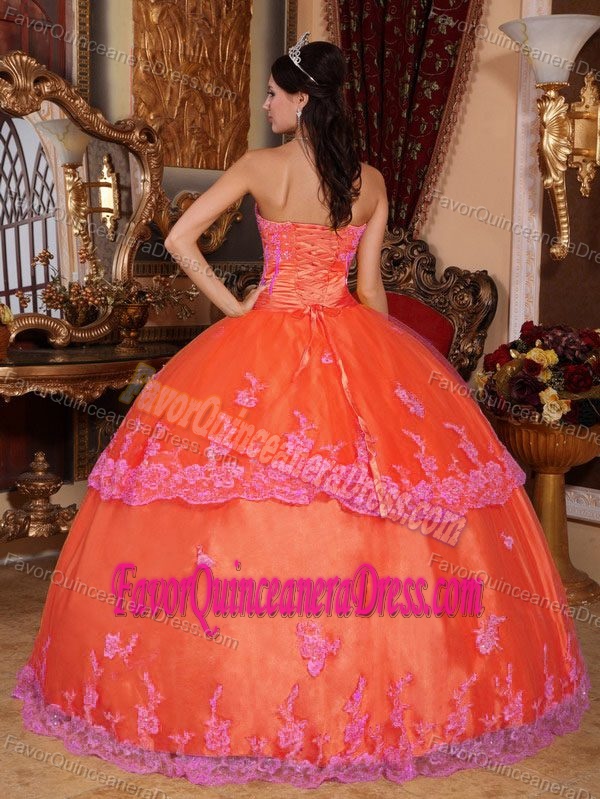 Organza Lace Orange Red Strapless Quinceanera Dresses with Appliques