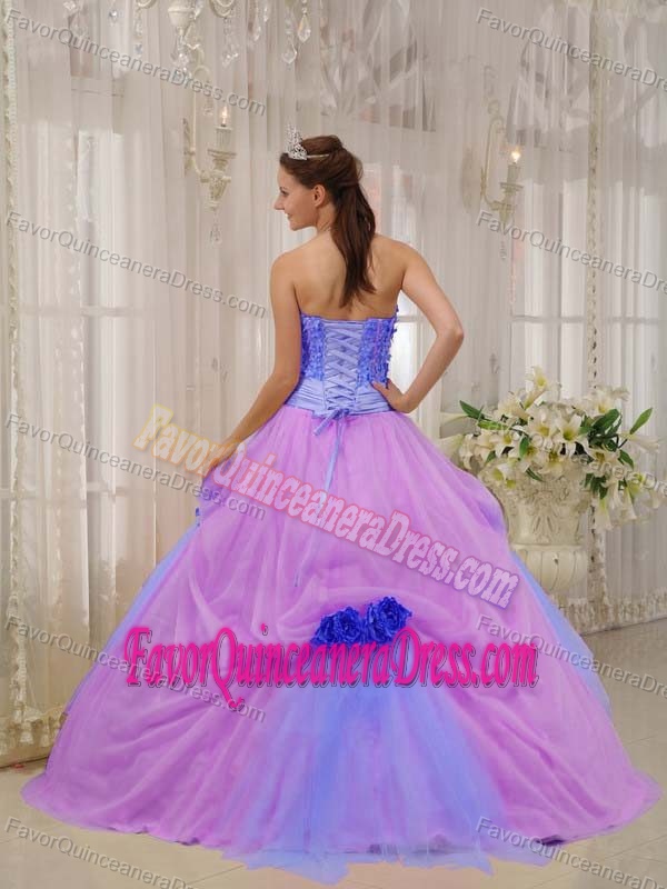 Strapless Taffeta and Tulle Rolling Flowers Lilac Dresses for Quince in Lavender