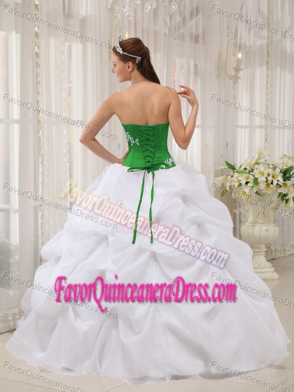 Strapless Taffeta and Organza Appliques Dresses for Quince in White and Green