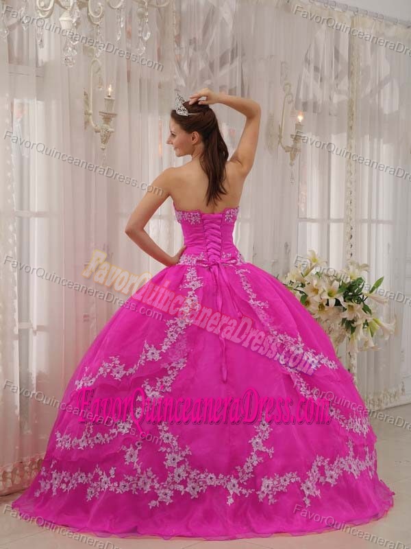 Ball Gown Sweetheart Taffeta and Organza Appliques Dress for Quince in Fuchsia