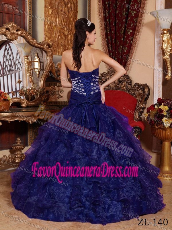 A-line Sweetheart Floor-length Organza Beaded Dress for Quince in Dark Blue