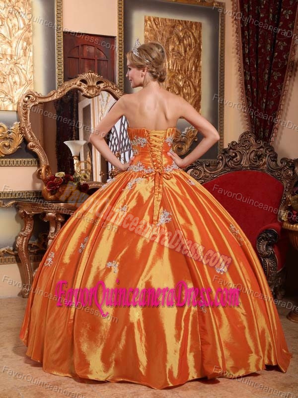 Dreamy Orange Strapless Appliqued Dress for Quinceanera in Taffeta
