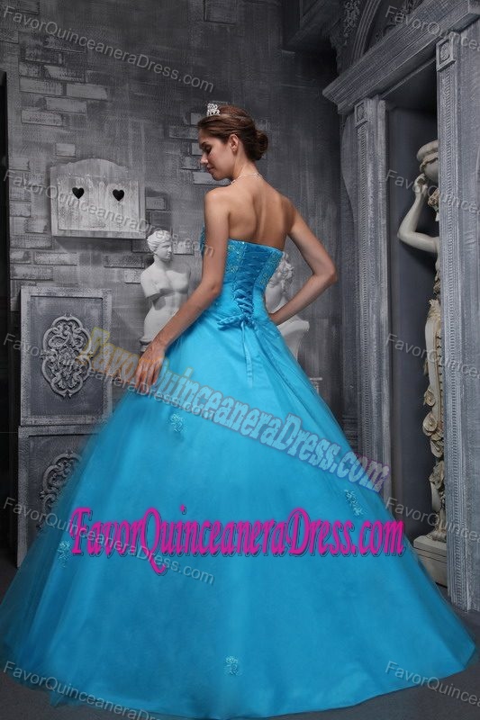 Sweetheart Taffeta and Tulle Appliqued Quinceanera Dress in Aqua Blue