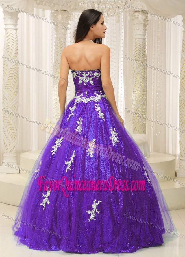 Sexy Strapless Purple Tulle and Sequin Quinceanera Gown with Appliques