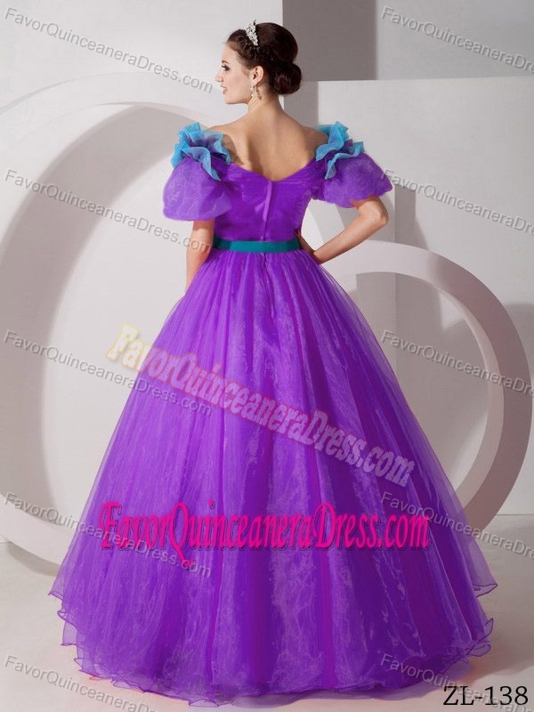 New Purple Organza V-neck Short Sleeves Sweet 15 Dress with Flowers