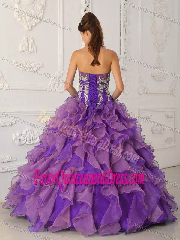 Organza Beaded Purple Strapless Dress for Quinceanera with Appliques