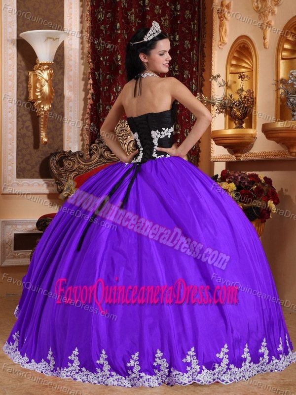 Appliqued Purple Halter Top Quince Dresses in Taffeta and Organza