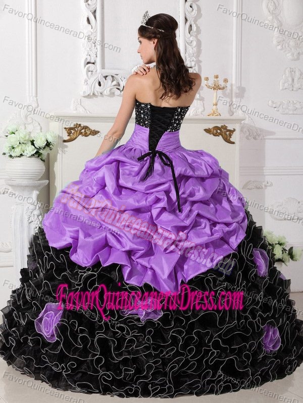 Ruffled Organza Sweetheart Quinceanera Dress in Purple and Black