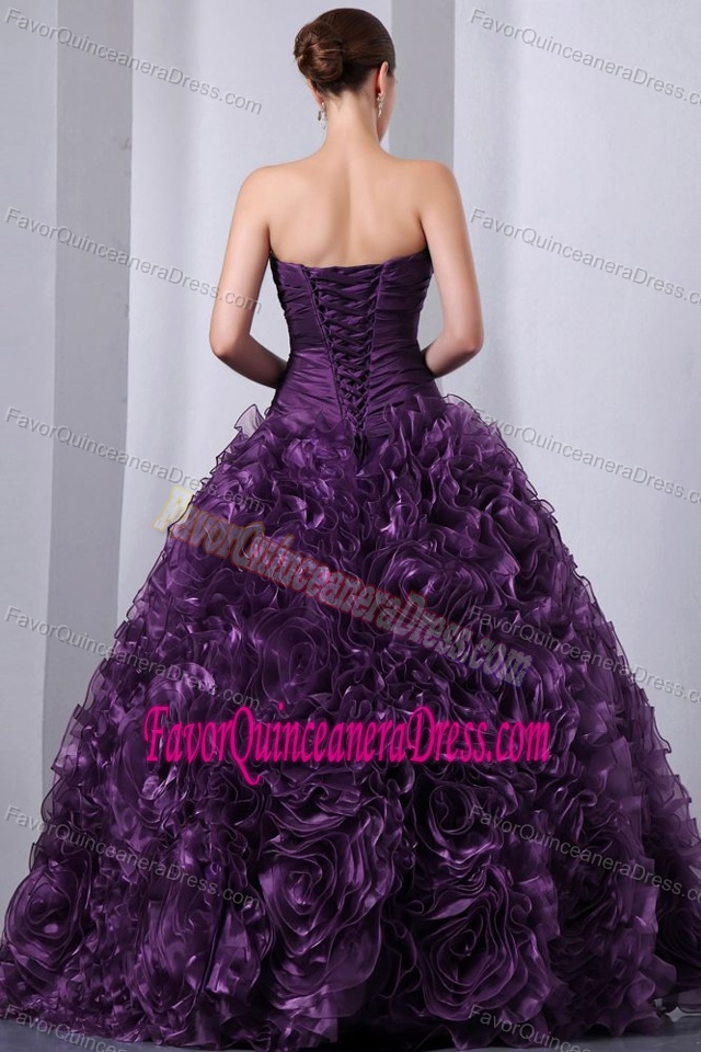 Eggplant Purple Sweetheart Organza Dress for Quince with Ruffles