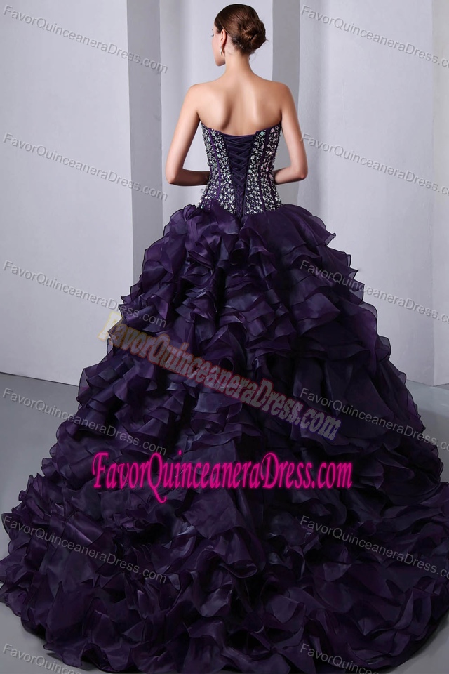 Beaded Organza Purple Sweetheart Sweet 15 Dress with Brush Train