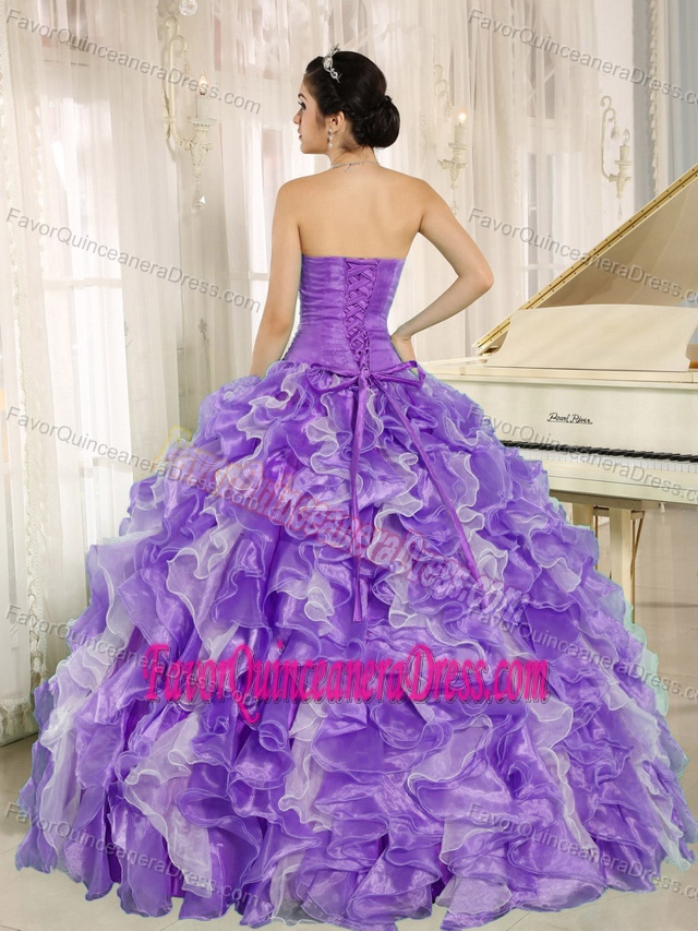 Exclusive Purple and White Ruffled Skirt Quinceanera Gown Dresses with Beading